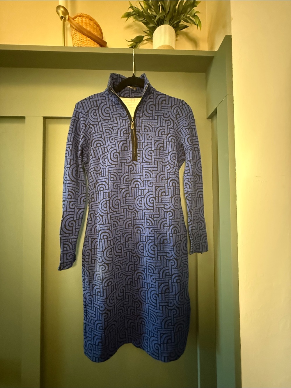 Blue Geometric Quarter‑Zip Long Sleeve Dress
